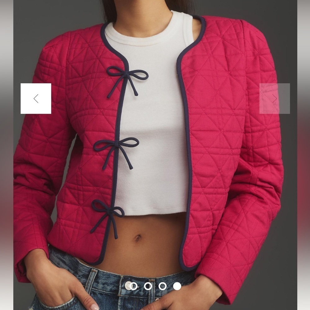 Anthropologie Pink Dolan Bow-Front Linen Quilted Lady Jacket XS Extra Small